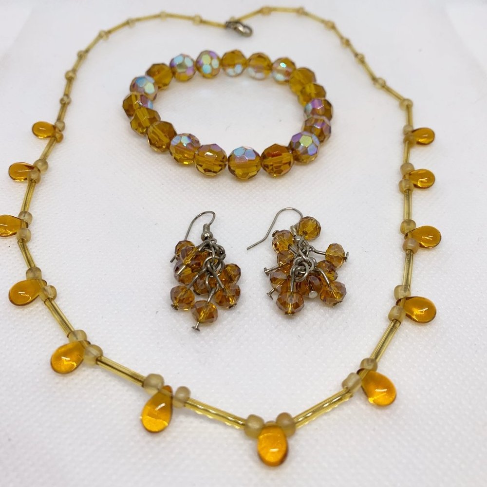 Vintage Glass Bead Necklace Earrings Bracelet Amber Color Dangle 3 Pcs